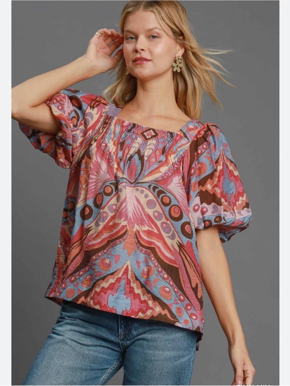 Umgee Boho Off Shoulder Blouse Medium Multicolor Abstract Floral Peasant Top - Picture 2 of 7